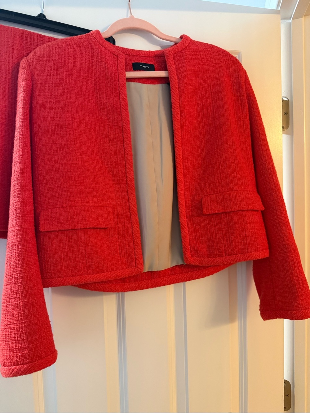 Theory Vibrant Orange Cropped Bouclé Blazer and Matching Skirt